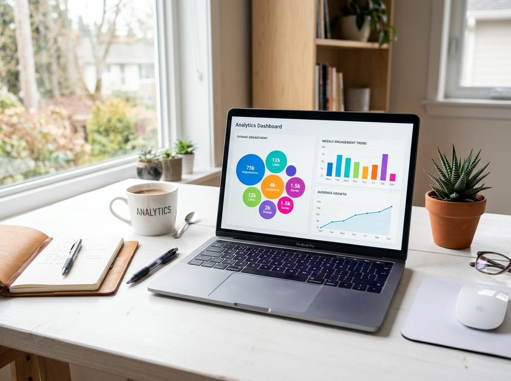 Laptop showing colorful social media analytics
