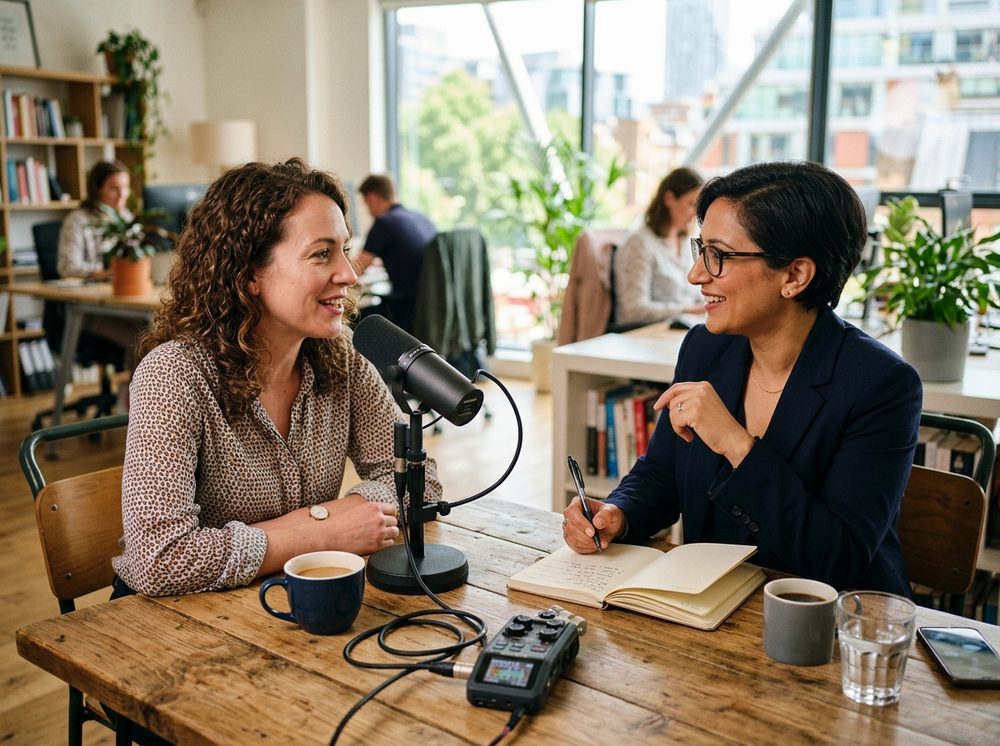 Two professionals recording an interview with a microphone