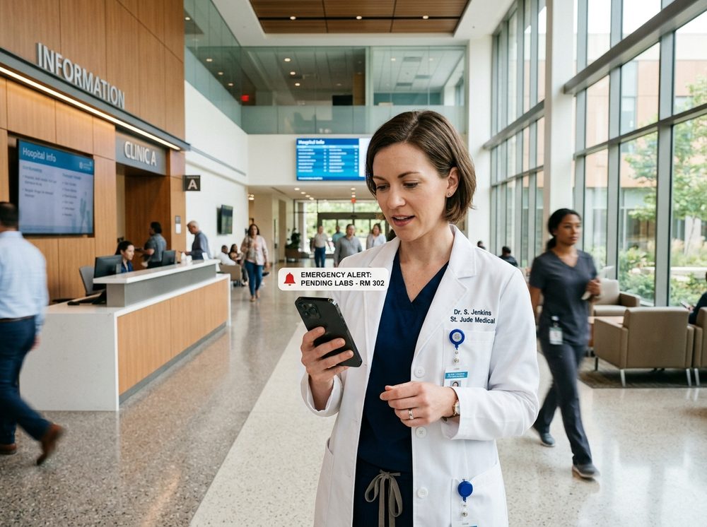 Doctor checking a smartphone in a modern hospital lobby