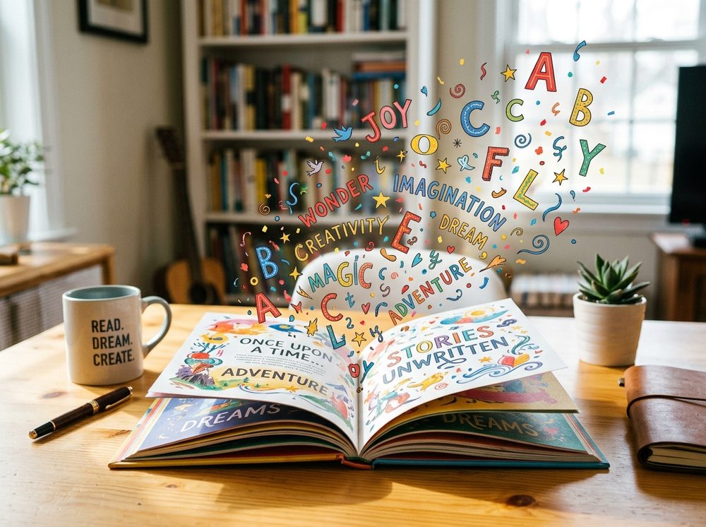 Open book with illustrated words floating out of the pages
